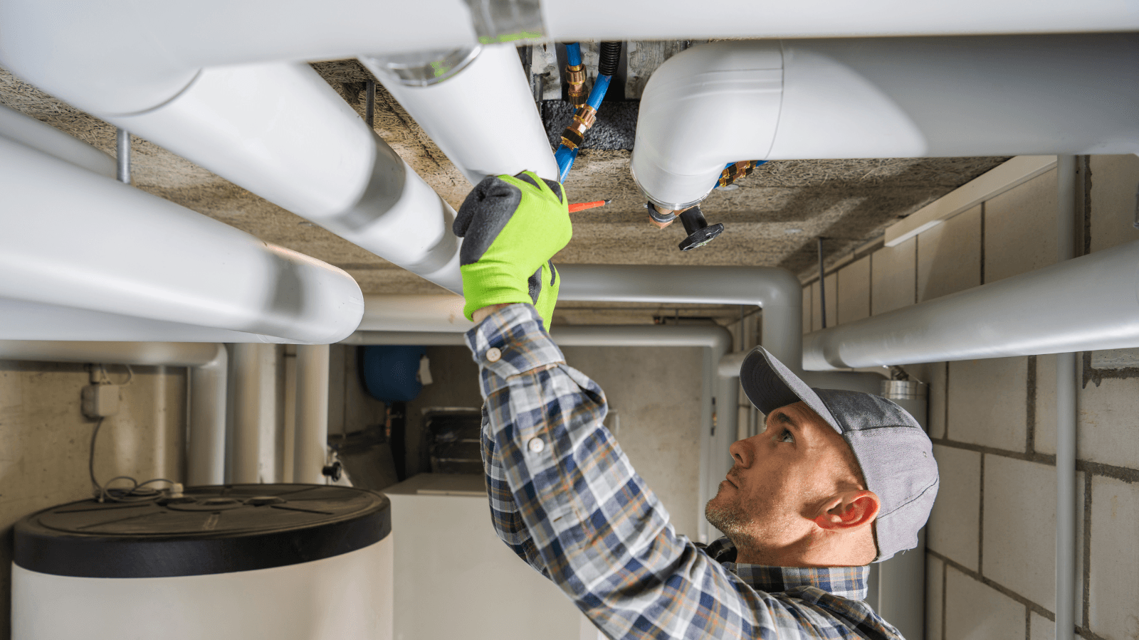 A plumber in a cap and gloves working on white pipes in a basement, focusing on maintenance and installation tasks.